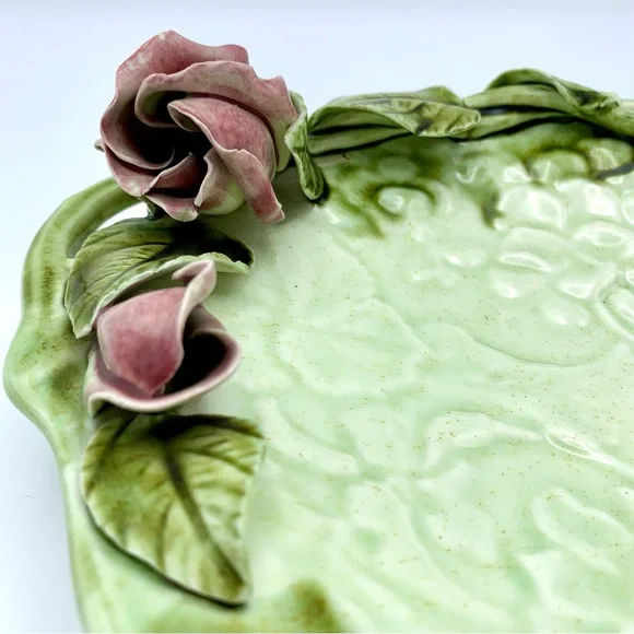 Vintage Majolica Pottery Platter 12” Green Leaves Pink Capodimonte Raised Roses - Picture 14 of 16